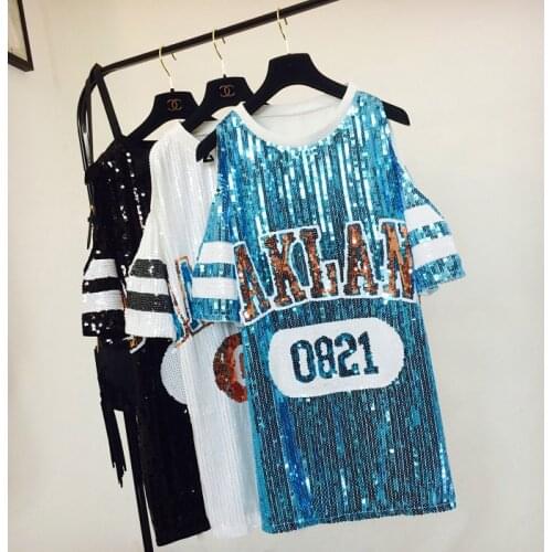 Spring Summer T-shirt Women New Brand Sequin Letters Pattern Short Sleeve Off-shoulder Leisure Loose Long T Shirt Tees Students