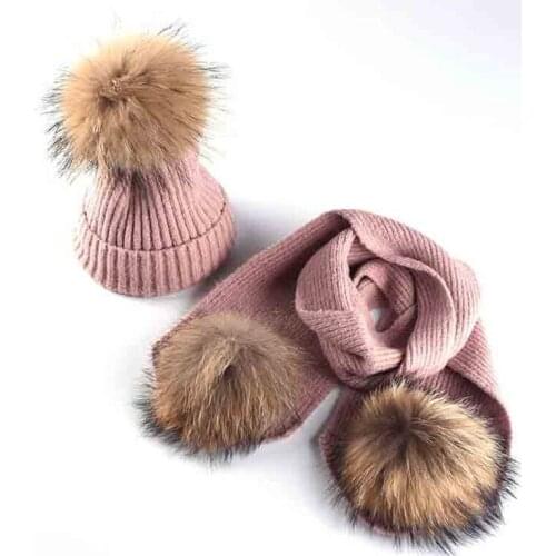 Fox Fur Pom Pom Beanies Kids Hat Scarf Knitted Winter Cap Scarves Suit 2 Pieces Set Children Winter Hat Scarf For Girls Boys Hat