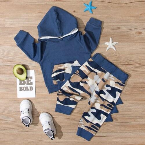 2 Pieces Autumn Tracksuit Baby Boys Clothes Camouflage Print Long Sleeve Hooded Tops with Pocket+ Trousers 6-24 Months