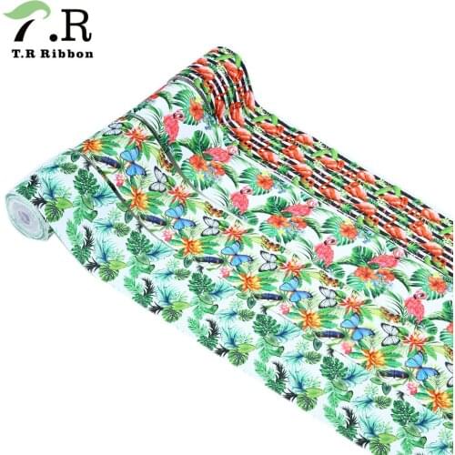 T.R RIBBON 3 inch palm flamingos butterfly print grosgrain ribbon