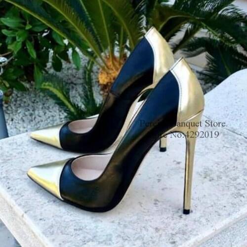 Sexy Mixed Color Patchwork High Heel Pumps Gold Heels Pointed Toe Shallow Dress Shoes Slip on Wedding Party Shoes Drop Ship