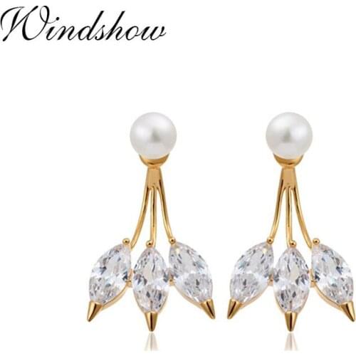 Ear Jacket 3 Marquise Cut CZ Faux White Pearl Stud Earrings For Women Gold Color Double Sided Back And Front Swing Jewelry