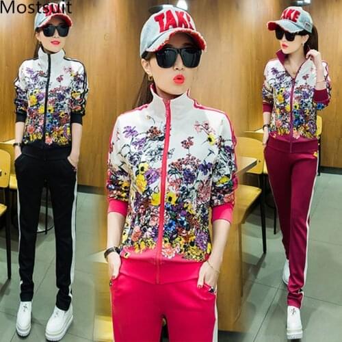 Spring Autumn Two Piece Sets Tracksuits Outfits Women Plus Size Printed Coat And Pants Casual Fashion Sport Matching Sets 2019