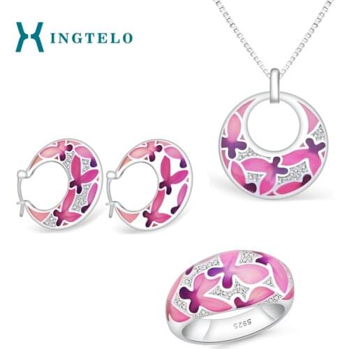 XINGTELO Bride 925 Sterling Silver Jewelry Set Sweet Pink Earrings Pendant Chain Ring Crystal Translucent Jewelry for Women