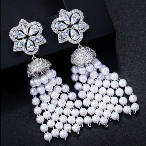 Zlxgirl jewelry Very imitation pearl long copper earring jewelry best womens bridal ears brand pave cubic zircon earring gifts