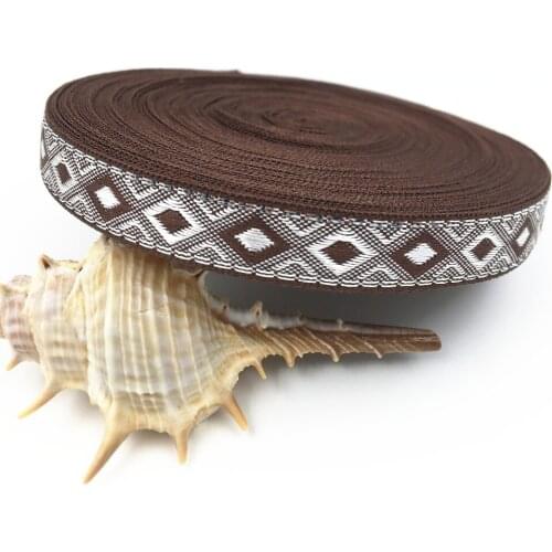 Fashion design 2018 NEW wholesale 12mm 20yards/lot brown Geometric Pattern Woven Jacquard Ribbon For Dog Chain/bag belts