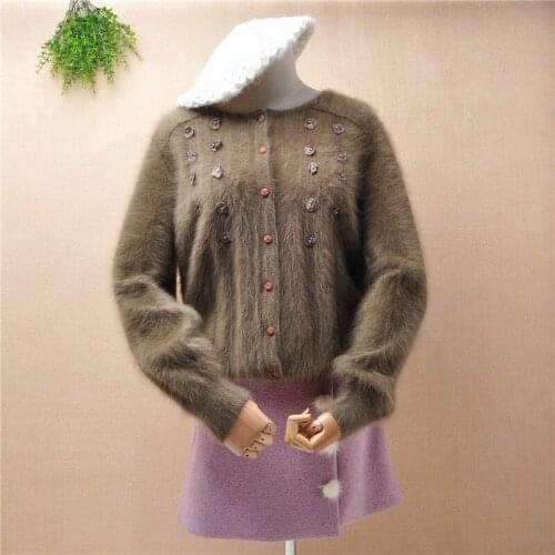 Top mujer female women hairy vintage bead floral angora rabbit fur knit long sleeves loose cardigans winter mink fur jacket coat