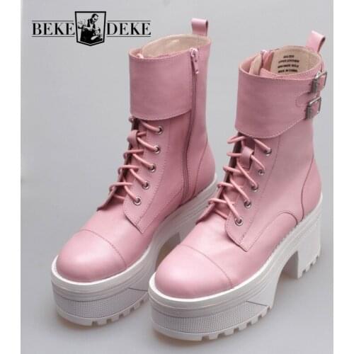 British Thick Bottom Height Increasing Womens Ankle Boots Round Toe Zip Buckle Cross Tied High Heel Casual Female Platform Boots