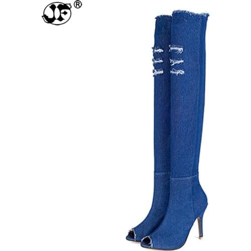 Women Shoes Woman Over The Knee Boots Ripped Peep Toe Denim High Heels Tight Fitness Elastic Jeans Zip Sexy Pumps 755