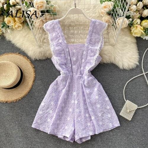 Women Retro Playsuits Summer Sleeveless Ruffles Floral Embroidery Romper Woman Fashion Square Collar Shorts One Piece Jumpsuit