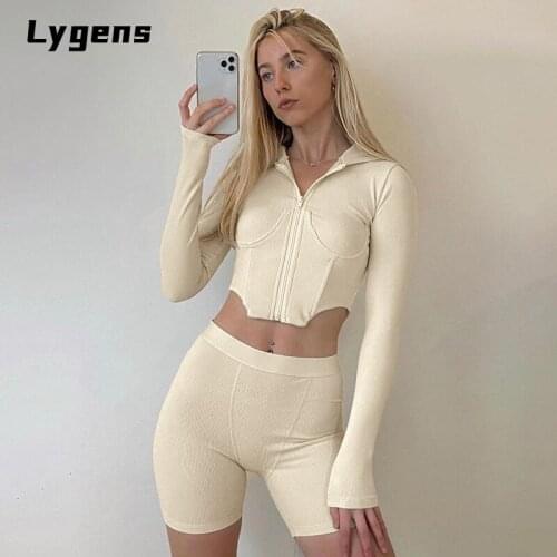 Lygens 2021 Autumn Winter Women Solid Hoodie Sporty Two Pieces Zipper Crop Top Biker Shorts Set Bodycon Tracksuit Outfits