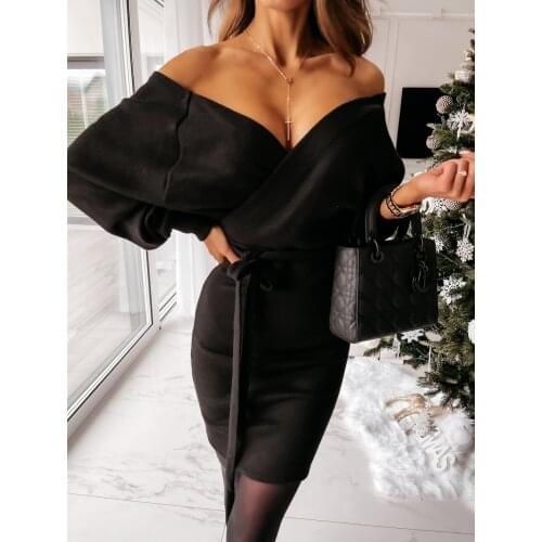 Sexy Big V-Neck Dress Spring Product Autumn New Slim Thin Wear A Belt Red Black Dress Female Package Hip Street Fashion Vestidos