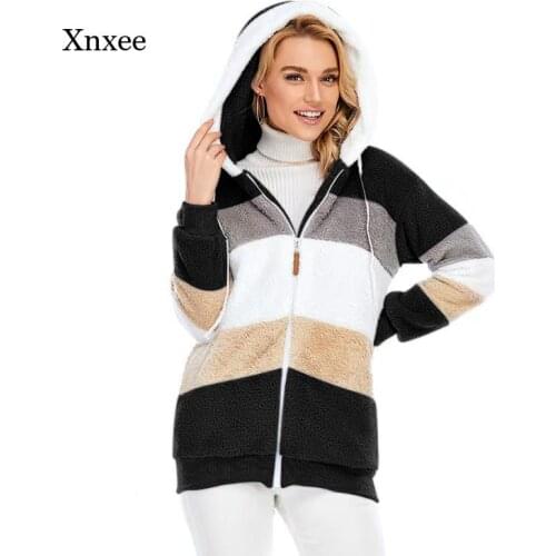 Winter Womens Fleece Hooded Jacket New Womens Down Jacket Long Sleeve Teddy Jacket Zipper Faux Fur Coat