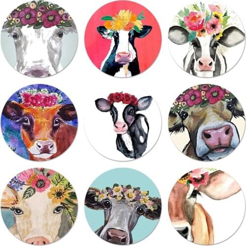Animal cattle cow Flower Crown watercolor Icons Pins Badge Decoration Brooches Metal Badges For Backpack Decoration 58mm