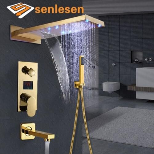 Senlesen Golden Shower Waterfall Rain Shower Faucet LED Digital Brass Valve Single Handle Hot and Cold Water Mixer Tap