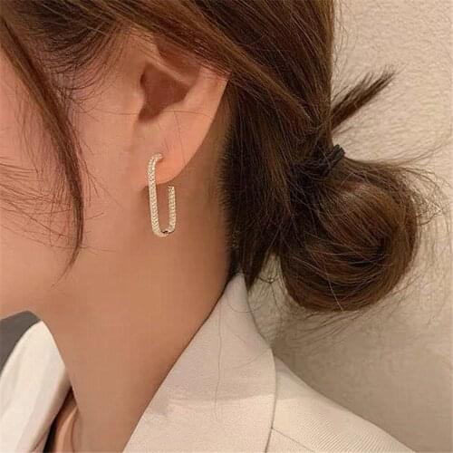 2021 New Arrival Simple Trendy Crystal Geometric Oval Dangle Earrings For Women Fashion Gold Color Metal Jewelry Gifts