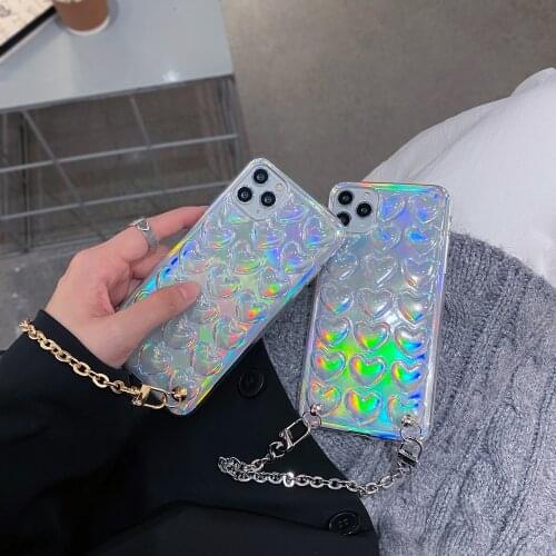 3D Laser Heart Metal Wrist Chain Phone Case for iPhone 12 Mini 11 Pro Max 10 X Xs iPhoneXr 7 8 Plus Transparent Silicone Cover
