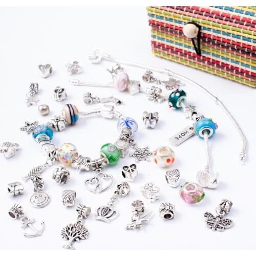 4 in 1 Charm Bracelet Making Kit DIY Craft European Bead Silver Plated Snake Chain Jewelry Gift Set for Girls Teens