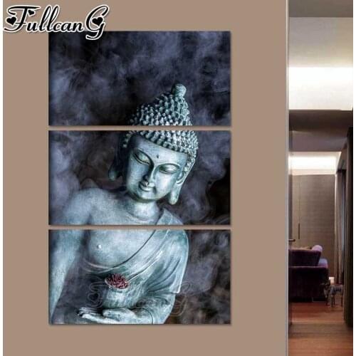 FULLCANG 5d diy diamond embroidery sale vintage stone Buddha diamond painting triptych full square round drill home decor FC3285