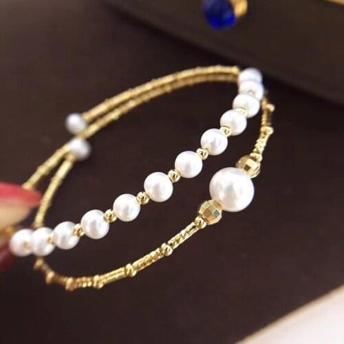 Free shipping popular two row simple natural white genuine pearl fresh water bead handmade gold bracelet wedding gift girl