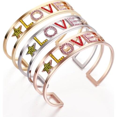 Colorful Crystal Stainless Steel Bangles LOVE Letter With Star Gold Rose Steel Color Women Bracelets & Bangles Fashion Jewelry