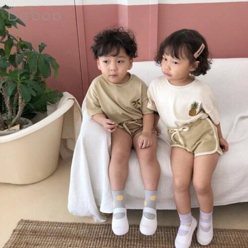 Korean Style Childrens Clothing Girls Short Sleeve Sets Unisex Fashion Cartoon Pure Cotton Summer Suits For 2-6y Boys 2021 New