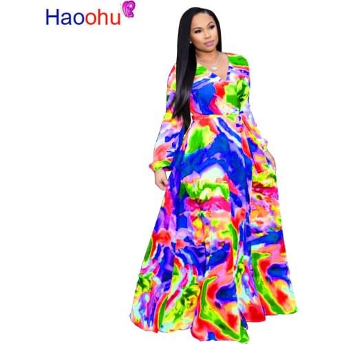 HAOOHU Womens Print Chiffon Maxi Dress with Belt Bohemian Beach Sexy V-neck Long Sleeve Dress Large Size Womens S-3XL-5XL