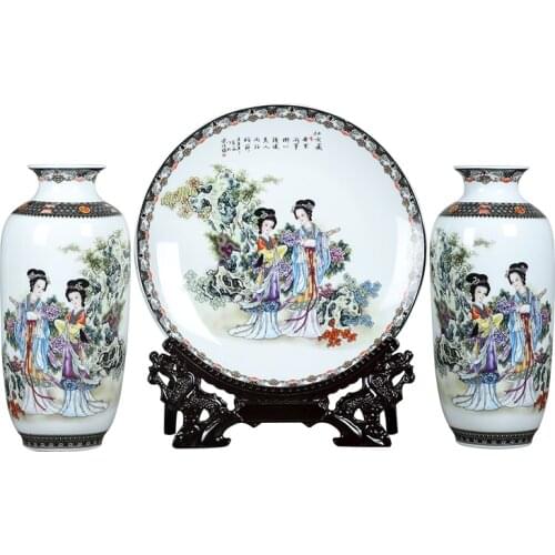 Jingdezhen Ceramic Vase Ladies Chinese Ancient Beauty Picture Three-piece Set of Vases for Modern Fashion Home Crafts