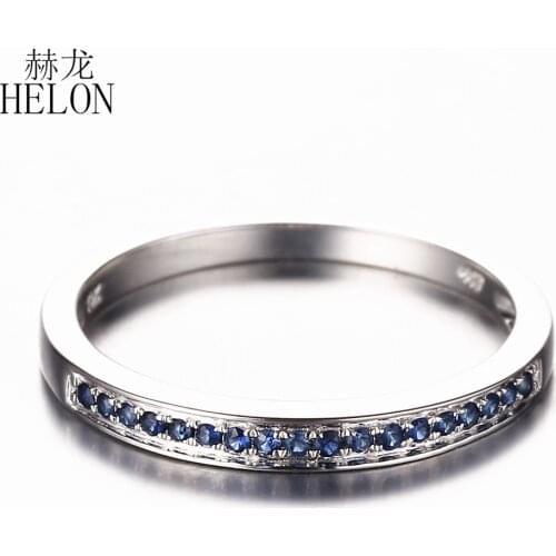 HELON Solid 10K White Gold Genuine Natural Sapphires Wedding Anniversary Ring Women Half Eternity Jewelry Gemstone Ring