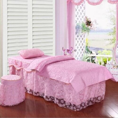 One Set Customized Lace Beauty Salon Bedspread 70*190cm 80*190cm Bed Skirt Duvet Cover for Beauty Parlor 4pcs Purple Pink