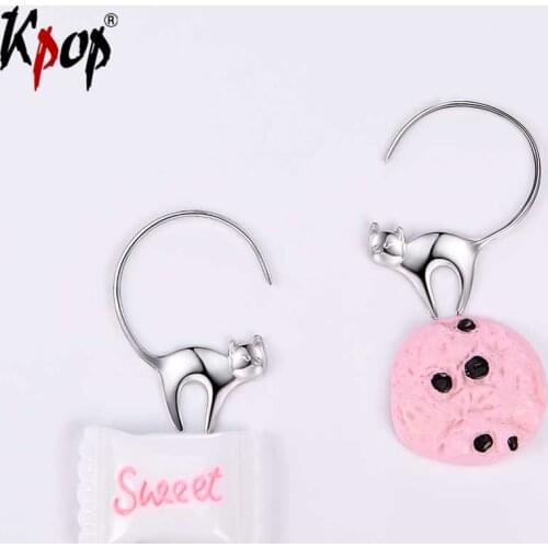 Kpop Sterling Silver Cat Hook Earrings Love Gifts for Her Minimalist Animal Jewelry 925 Kitty Cat Dangle Earrings E6085