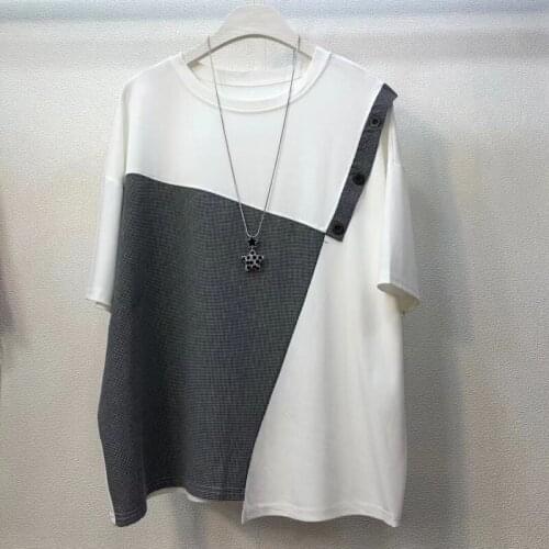 Summer New Fashion Irregular Plaid Patchwork Fake Two-piece Top Loose Casual Plus Size Short O Neck Woman Tshirts X588