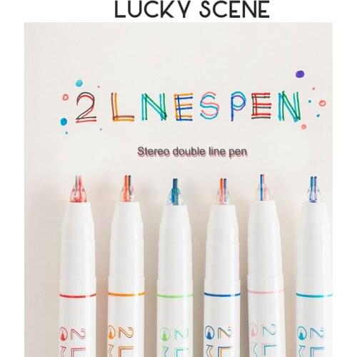 6Pcs Three-Dimensional Double Line Pen Two-Color Drawing Marker Pen Student Accounting Pen Outline Pen Office Stationery S00938