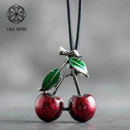 Cherry Pendant Necklace Men Women Black Leather Rope Chains Long Necklaces Collares Bijoux For Women Colier Fashion Jewelry 2021