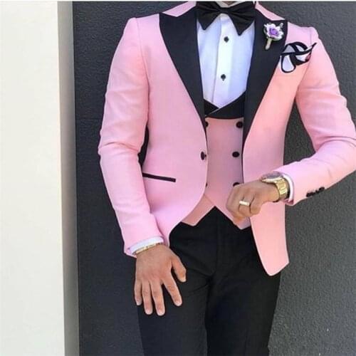 Pink Mens Suits Smolking Terno Slim Fit Customized Mens Suit Tight Wedding Latest Design 3 Piece Men Suit Jacket+Pants+Vest