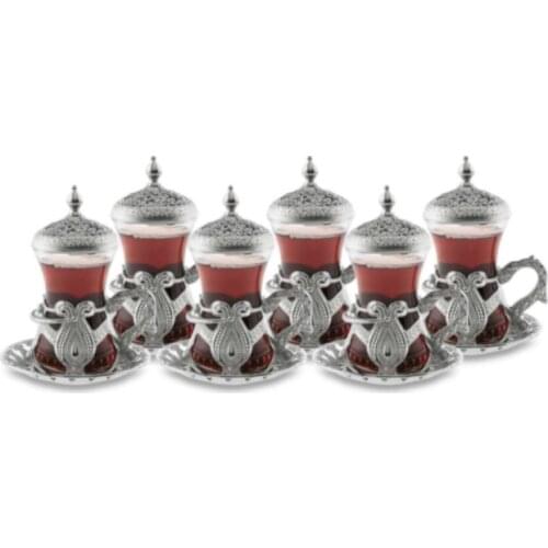 Set Of 6 Tea Glasses with Cup Holders and Covers, Saucers Gold Silver Arabic Turkish Greek Tea Authentic New Home Wedding Gift