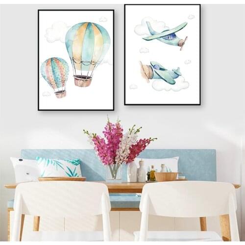 Wall Picture Nordic Kids Boy Bedroom Decoration Child Adventure Poster Print Watercolor Artwork Airplane Balloon Canvas Painting
