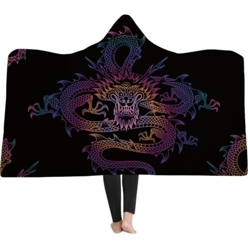 New Arrival 3D Blankets Chinese Dragon 3D Printing Hooded Blanket Black Wearable Portable Blankets Home Kids Adults