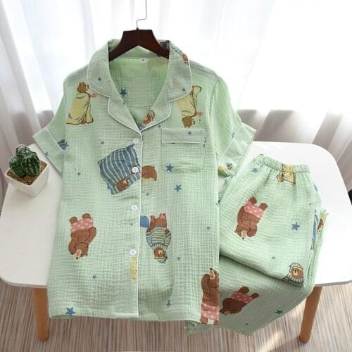 Pajamas for Women Pure Cotton Crepe Short Sleeved Trouser Sleepwear Set Thin Cartoon Cardigan Two Piece for Summer Leisure Wear
