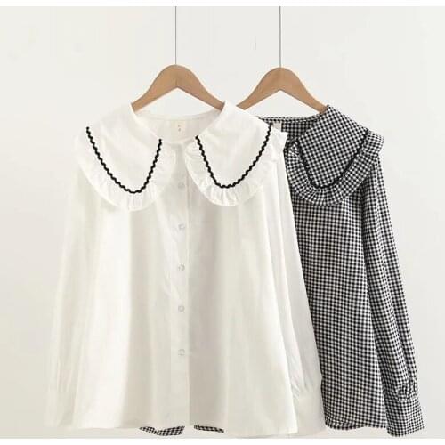 Fashion Sweet White Black Plaid Shirts Women Preppy Style Peter Pan Collar Kawaii Loose Patchwork Blouses Student Girls Cute Top