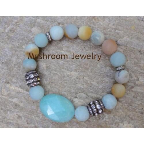 Boho Chic Amazonite Slab Natural Stone Stretch Bracelet Healing Pave Crystal Frosted Amazonite Beaded Stack Bracelet