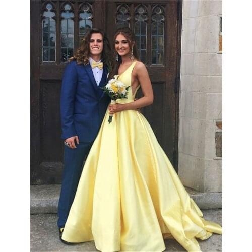 Sexy Deep V Neck Long Stain Evening Dresses A Line 2021 Open Back Women Formal Prom Dress With Pockets Simple Engagement Dress