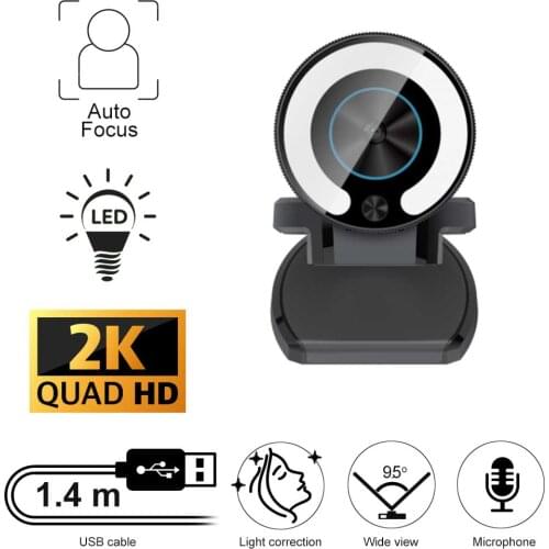 AF Web Camera 2K Webcam With USB, LED Light, Microphone for Skype, MS Teams, Zoom, Home Office, Video Chat, Conference, Onlyfans