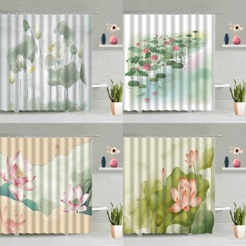 Chinese Style Lotus Shower Curtain Ink Painting Watercolor Green Leaves Plant Bird Pond Bathtub Decor Screen Washable With Hooks