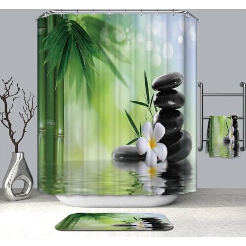 3D Tranquil Nature Scene Shower Curtains Bamboo Stone Flower Waterproof Mildew Proof Thickened Bath Curtains for Bathroom