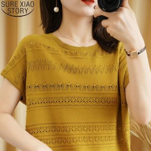 Cotton T-shirt Women 2021 Summer New Round Neck Pullover Pure Color Knitwear Plus Size Casual Sweater Short Sleeve Tees 14642