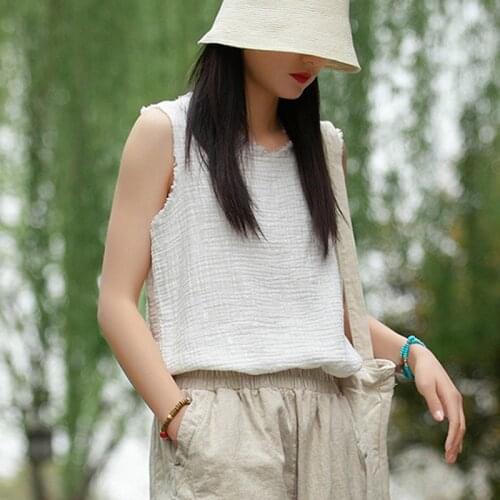 Johnature Women Sleeveless Tank Tops V-Neck Cotton Linen 2021 Summer New Solid Color Loose Vintage Original Women Tanks