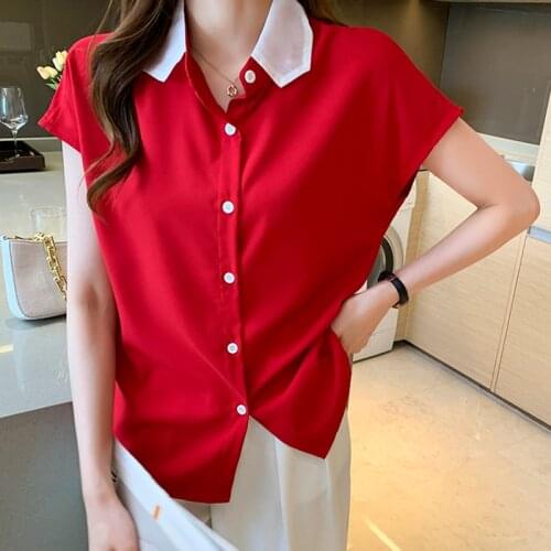 Red Shirt Women Office Lady Chiffon Blouses Button Open Stitch New 2021 Summer Tops Short Sleeve Korean Clothes Chemisier Femme