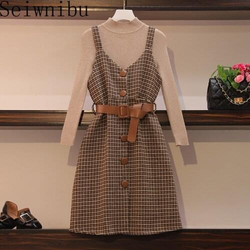 2020 Autumn Winter Woman Long Sleeves Knitted T-shirt + Woolen Blend Plaid Dress 2pcs sets Female Outfits