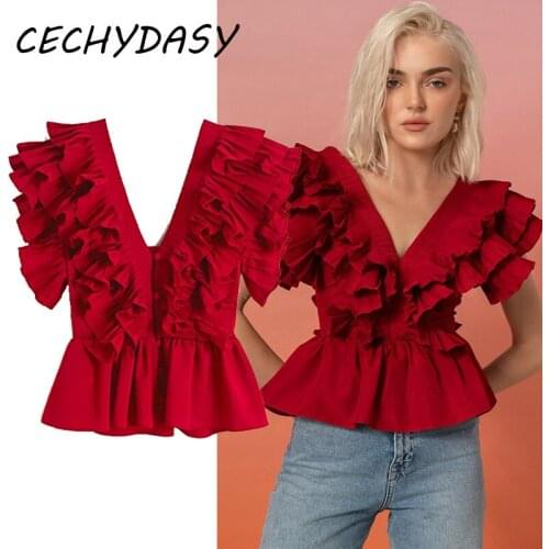 Women Blouses Sexy V-Neck Vintage Ruched High Street E Girl Single Breasted Red Solid Shirt 2021 Fashion Clothes Traf Top Blusas